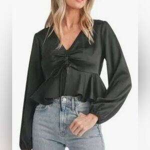 NWOT All In Favor Tie Front Satin Peplum Top in Black Womens‎ Size S